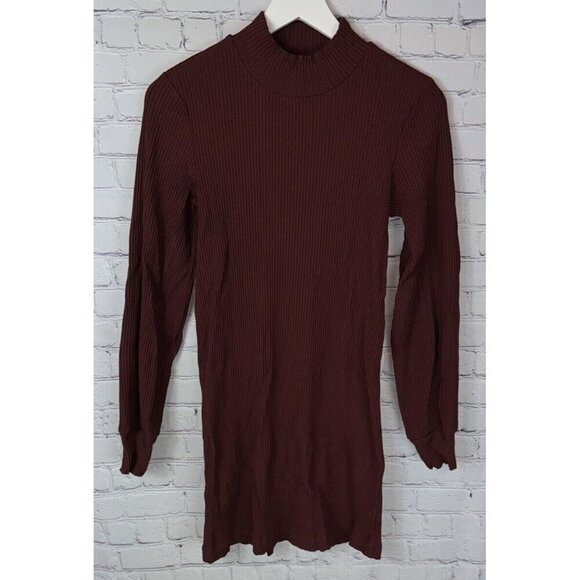 Aritzia WILFRED Ribbed Balloon Sleeve Mock Neck Mini Dress Burgundy Size Medium - Picture 1 of 7